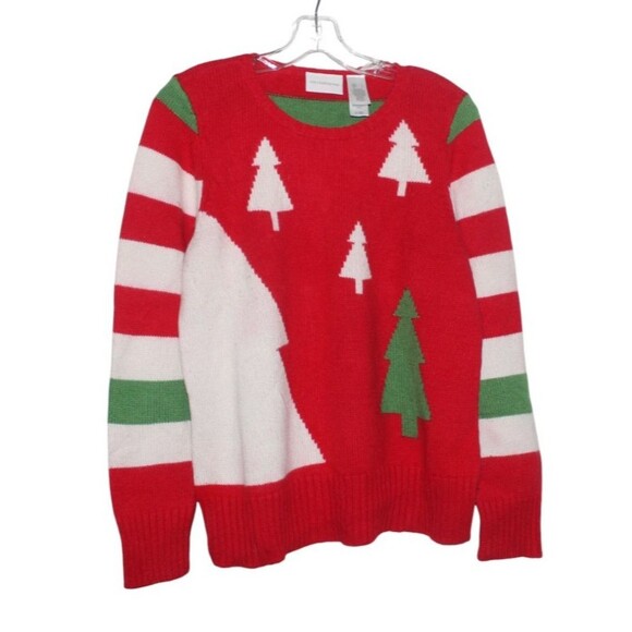 Liz Claiborne Long Sleeve Holiday Christmas Sweater Striped with Trees Sz L - Picture 5 of 5